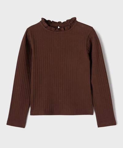Tee-shirt manches longues avec col rond froncé fille - 6A - marron fonce - GEMO