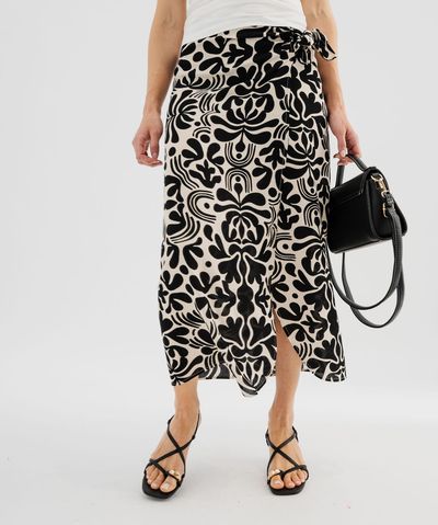 Jupe portefeuille longue en viscose froissée imprimée femme - 38-40/M - noir - GEMO