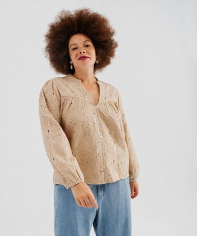 Blouse manches longues à broderies fleuries femme grande taille - 50-52/XXL - beige - GEMO
