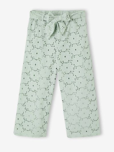 Pantalon large fille en broderie anglaise vert sauge