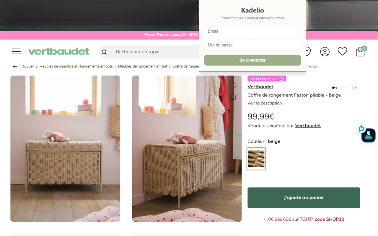 Étape 1 de l'extension Kadelio : Connectez-vous une fois à votre compte Kadelio depuis l'extension