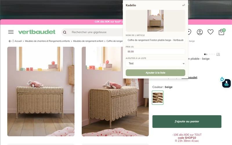 Étape 2 de l'extension Kadelio : Sur n'importe quelle page produit, Kadelio détecte tout (titre, prix, image)