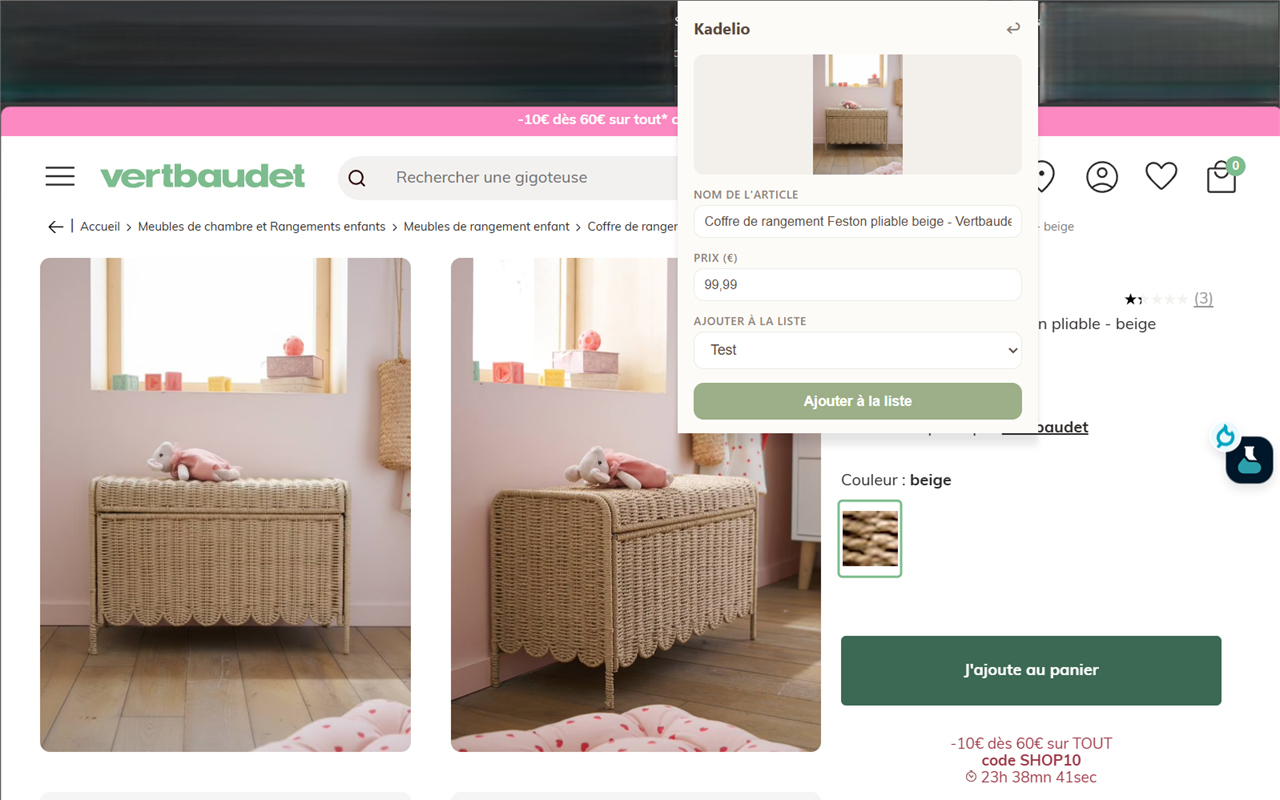 Étape 2 de l'extension Kadelio : Sur n'importe quelle page produit, Kadelio détecte tout (titre, prix, image)